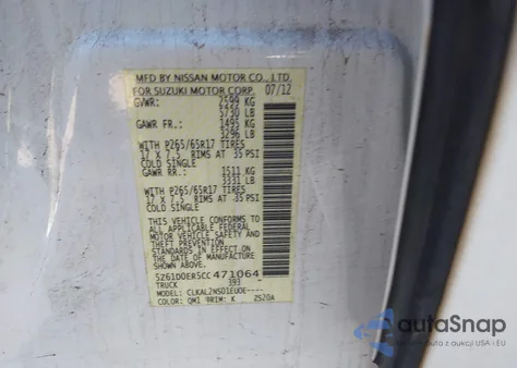 2012 Suzuki Equator Sport z USA, uszkodzony, nr VIN 5Z61D0ER5CC471064